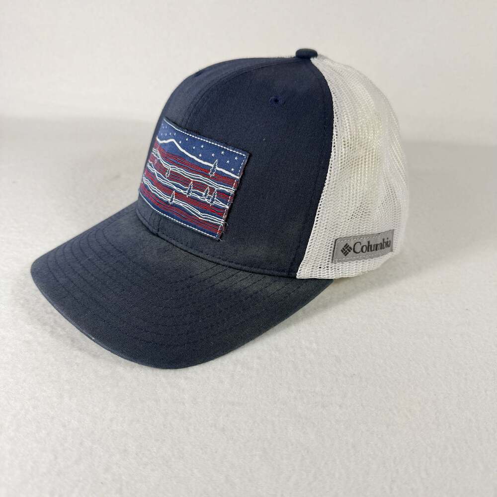 Columbia PFG Trucker Hat Navy Blue White American Flag Patch Mesh Back Snapback